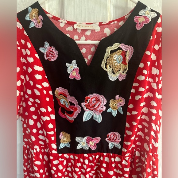 Kirundo Women’s Red Embroidered V-Neck Summer Mini Boho Lined Dress Size Small - Picture 6 of 8